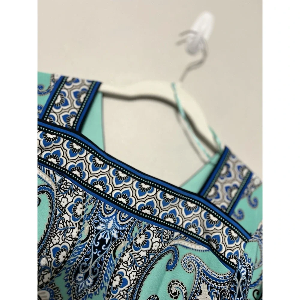 Teal Blue White Beige‎ Paisley Artsy Career Professional Office Dress L